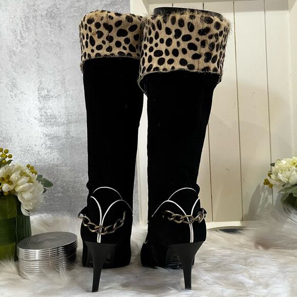 NEW NYLA Suede Leather Leopard Hair Calf High Heel Two Tone Knee Boots Black 6 - Picture 5 of 14
